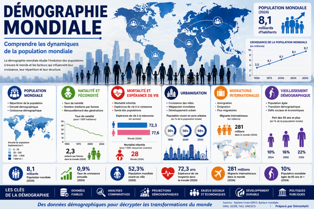 population mondiale, démographie mondiale, croissance démographique, transition démographique, natalité, mortalité, espérance de vie, vieillissement de la population, urbanisation, migration internationale, projections démographiques, statistiques mondiales, développement durable, Nations Unies, population par continent.